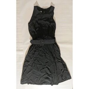 Womens Black Polka Dot Dress Belted Waist Retro Minimalist Indie size 9/10